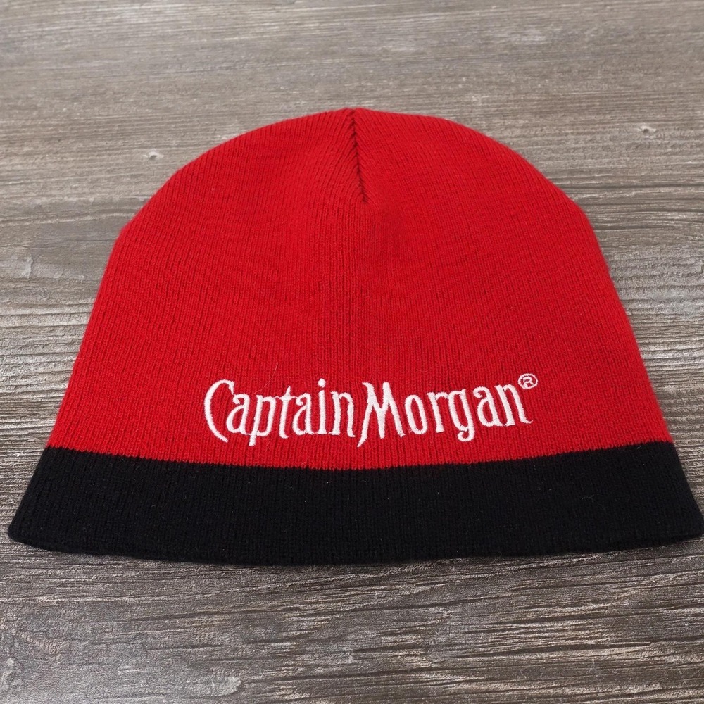 Captain Morgan Rum Hat Beanie Knit One Size Red Black‎ Embroidered Logo